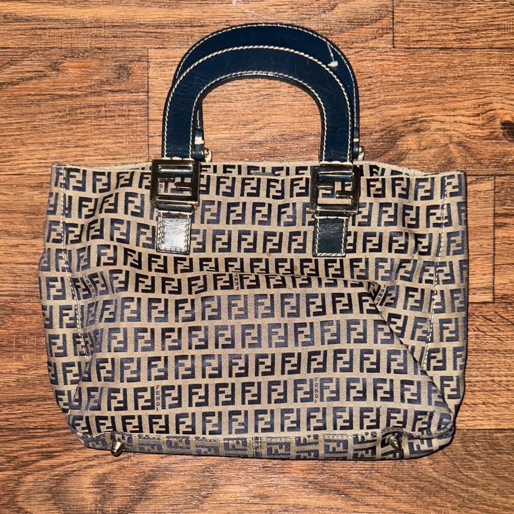 Fendi Zucchino Canvas and Leather Navy Handbag